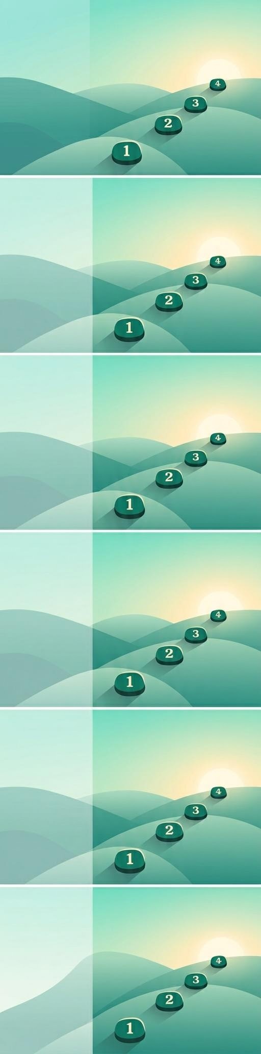 Ilustrasi jalur belajar bertahap berupa batu loncatan bernomor di tengah lanskap mint lembut