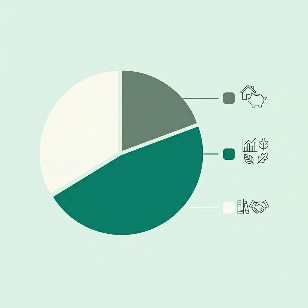 Diagram lingkaran sederhana tiga segmen warna lembut untuk alokasi aset